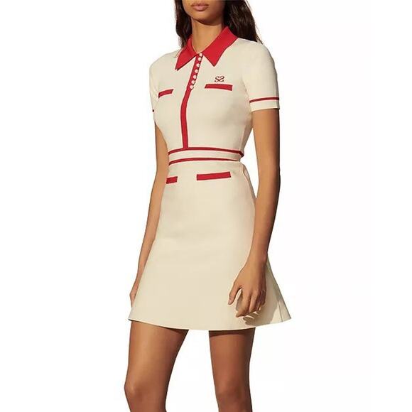 Sandro Paris Irene Polo Cream/Red Collared dress in Size 40/8 - Picture 1 of 16